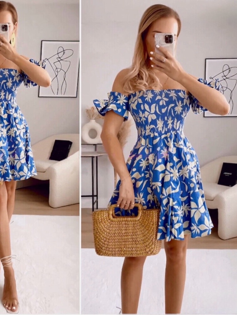 Zara Blue Off-Shoulder Floral Mini Dress